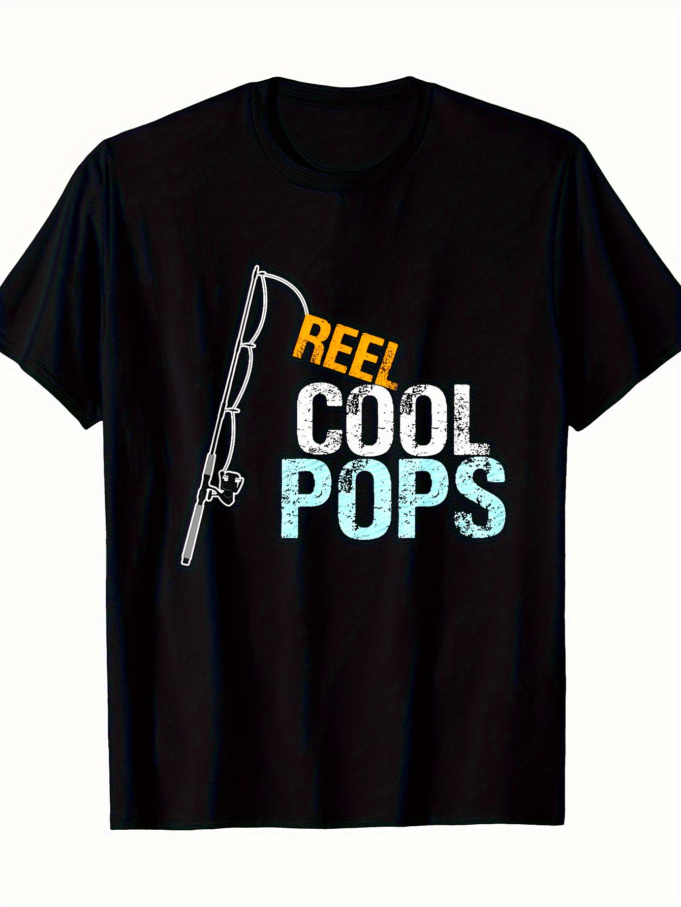 Reel! Cool! POPS 100% Cotton Graphic T-shirt- Relaxed Fit Casual Short Sleeve with Fishing Rod& Distressed Typography Design L