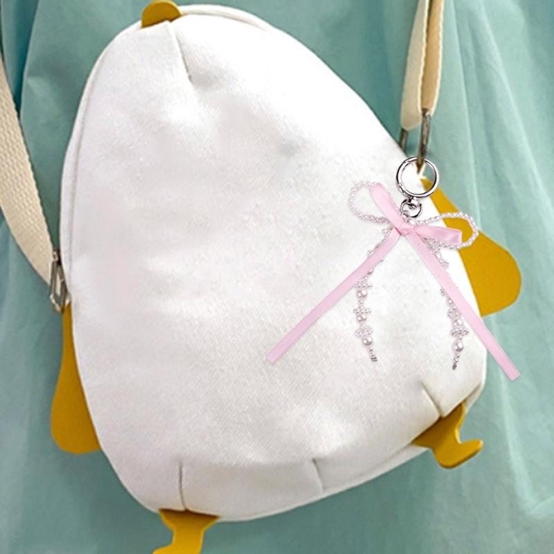 Bowknot Shaped Keychain Pendant Pearls Beaded Butterfly Knot Key Chain Fashionable Bow Ornament for Phones Car Key Bag