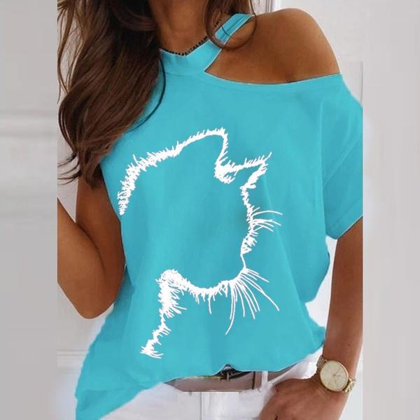 Summer Fashion Women's Cat Cute Printed Short Sleeve Strapless Casual Round Neck T-shirt Plus Size Loose Soft and Comfortable Thin Summer Top Shirt