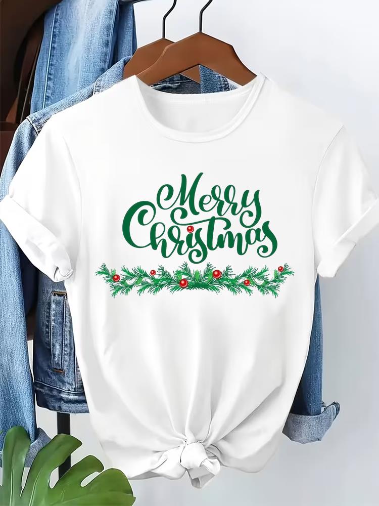 (Asian Size) tree cute style T Shirt Print Fashion Merry Christmas Women's Top Short Sleeve T-shirts O-neck Casual New Year Clothing Graphic Tee