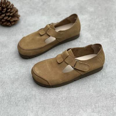 Äkta Läder Retro Handgjorda Rund Tå Platt Skor Casual Enfärgade Mångsidiga Damskor