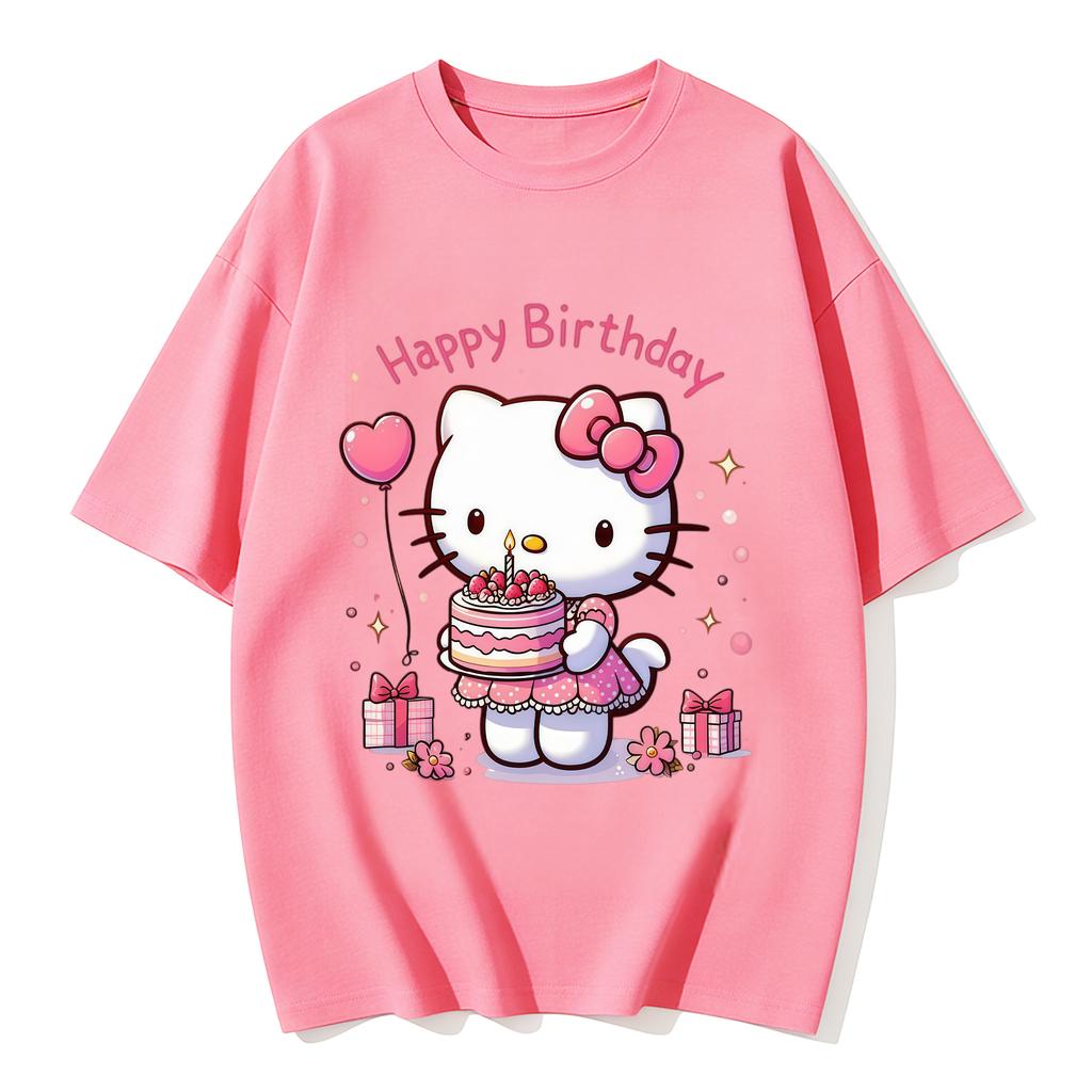 2026 New Hello Kitty Happy Birthday Cake Cartoon Print Tshirt Family Matching Outfits Casual Short Sleeve Tee for Women Unisex Kid