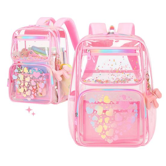 Kids Clear Backpack Waterproof Student Backpack with Love Heart Prints Book Bag with Front Zipper Pockets for Boys Girls School Street