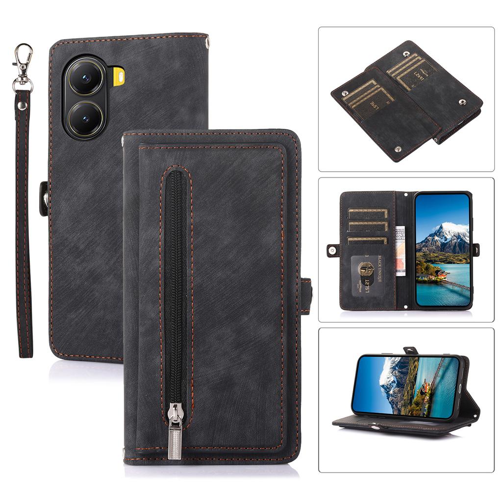 For Xiaomi Poco X7 Pro 5G/Redmi Turbo 4 5G Case Zipper Pocket 9 Card Slots PU Leather Phone Cover with Wrist Strap