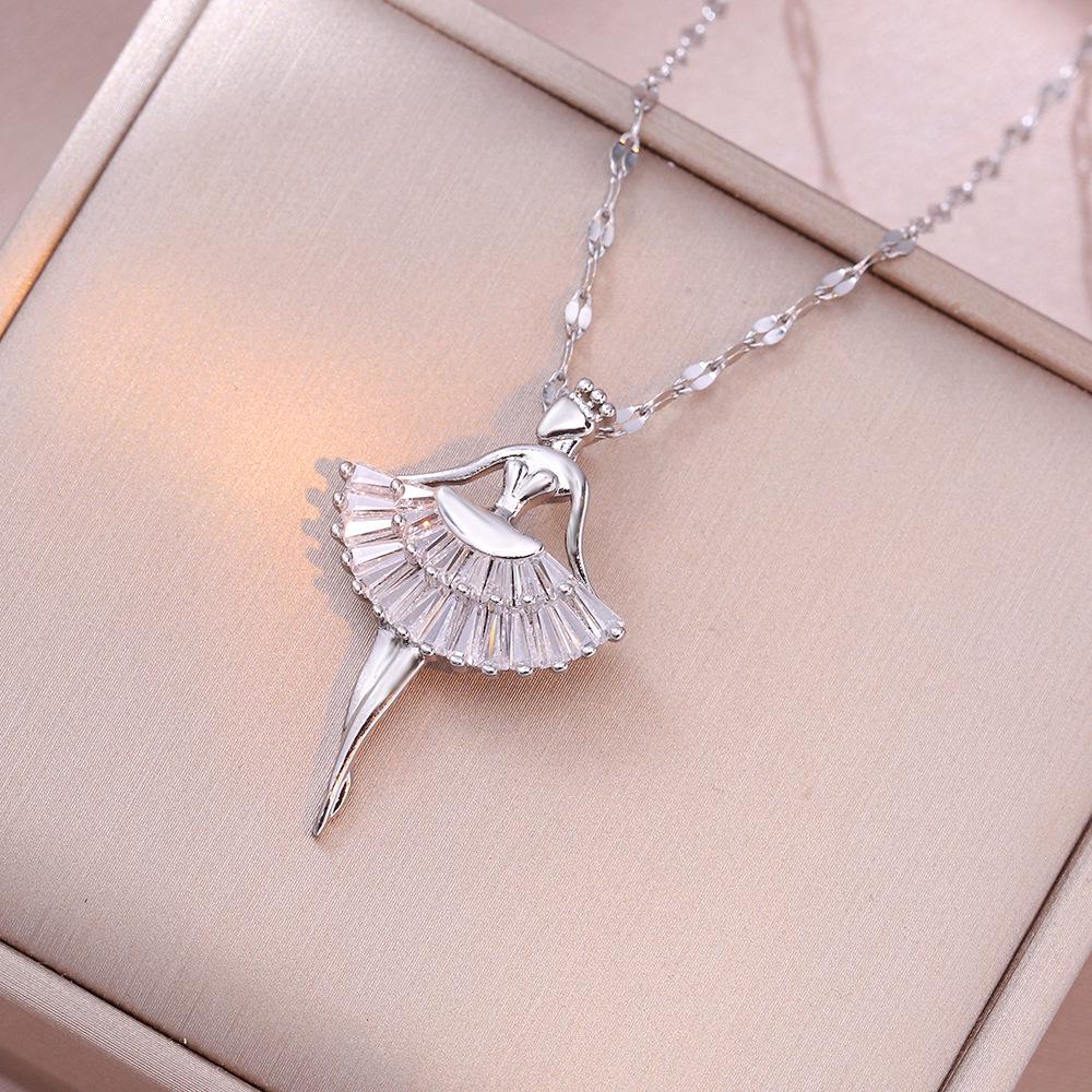 Women's European & American Ballet Girl Pendant Necklace with Emerald Micro-paved Zircon in Titanium Steel