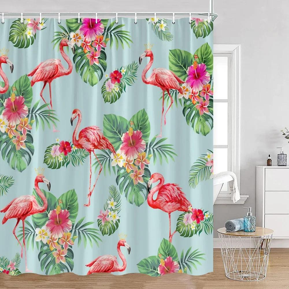 Nordic Pink Bird Shower Curtain Tropical Palm Leaf Plants Jungle Shower Curtain Summer Holiday Fabric Bathroom Decoration W120xH180cm