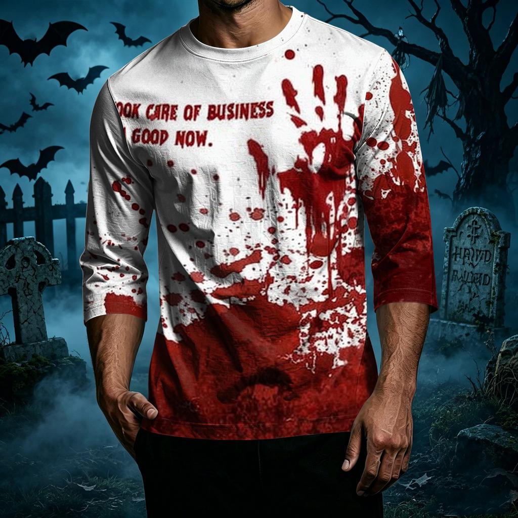 Men's Casual Halloween Graphic T-Shirt Three Quarter Sleeve Crew Neck Top Lightweight Comfortable Fit