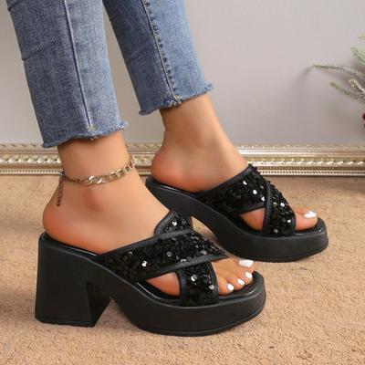 Módne Dámske Elegantné Platformové Šľapky Letná Móda Flitrované Otvorené Prsty Hrubá Podrážka Dámske Vonkajšie Protišmykové Ležérne Plážové Podpätkové Sandále