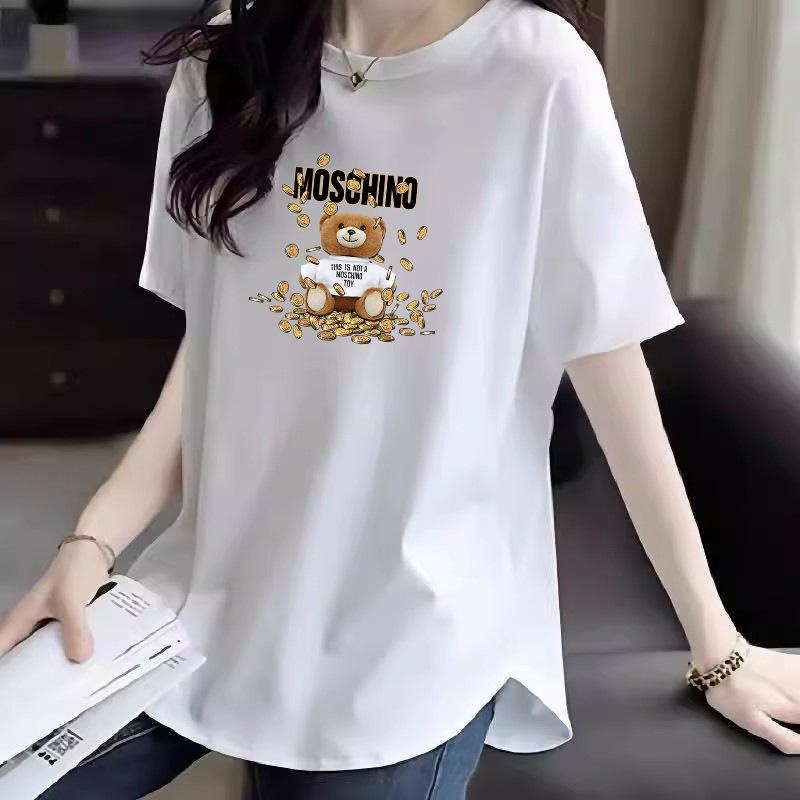 2025 Summer Women's Loose Fit Cartoon Cotton T-Shirt with Hip-Covering Mid-Length Design