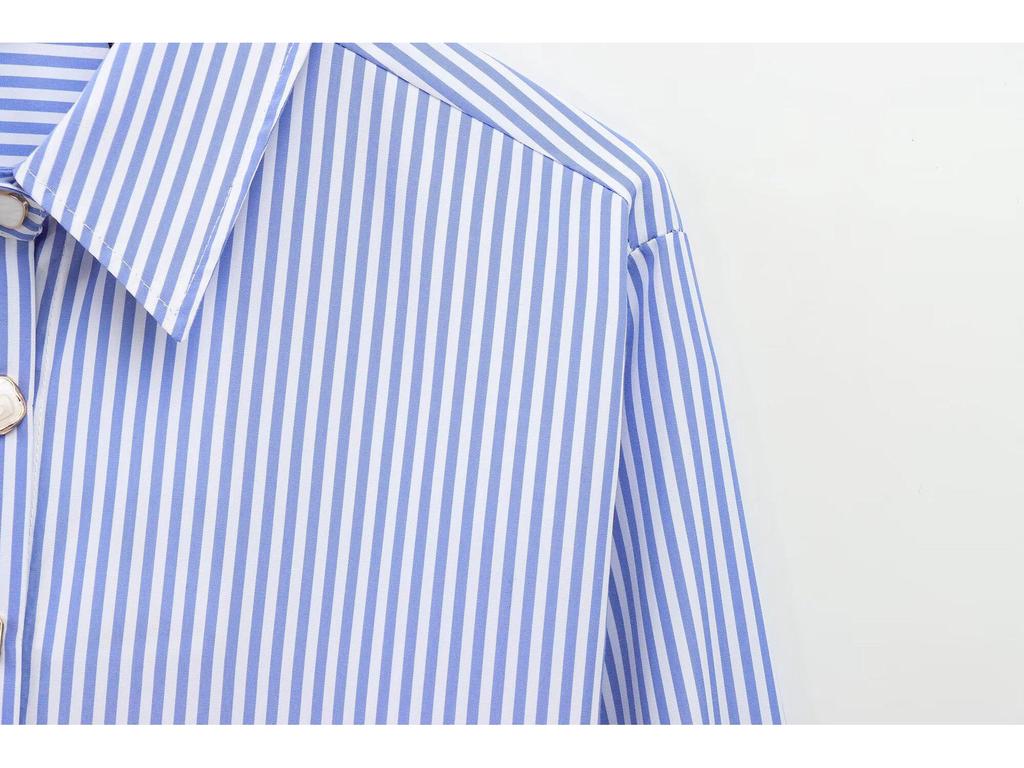 2025 Spring Women's European & American Striped Poplin Long Sleeve Lapel Shirt