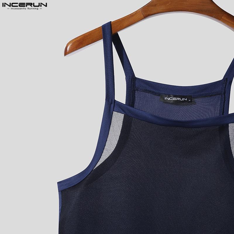 INCERUN Men Strap Sleeveless Mesh Sheer Irregular Skinny Tank Tops Underwear