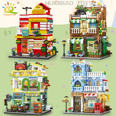 Ungiftige Stadtstraßenansicht Supermarkt Kaffee Burgerladen Hotel Modell Bausteine DIY Architektursteine Spielzeug Geschenk für Erwachsene