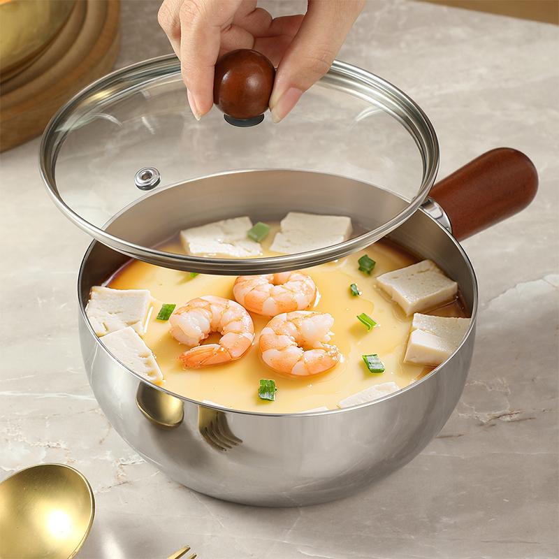 

Stainless Steel Milk Pot With Wooden Handle Compact Cooking Pot For Frying Eggs And Heating Milk A