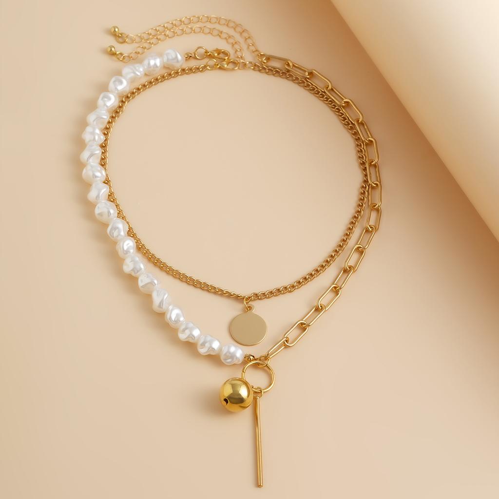 Personalized Fashion Style Geometric Pendant Necklace, Special-shaped Imitation Pearl Irregular Multi-layer Stacking Necklace