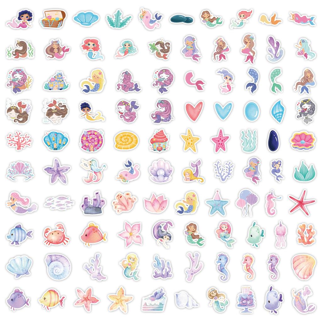 100 Mermaid Graffiti Stickers Skateboard Suitcase Computer Decoration Stickers Waterproof Creative Stationery Cartoon Stickers