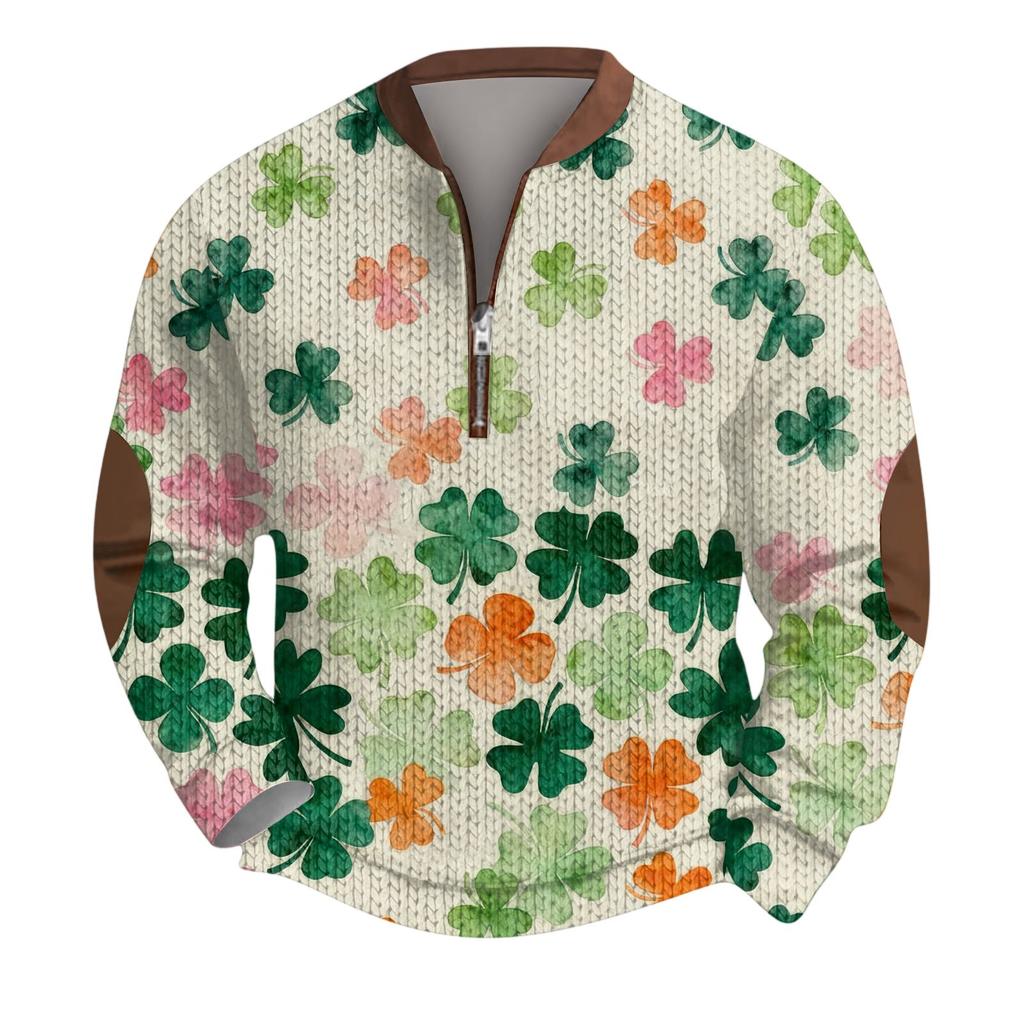 Mens Christmas Sweater Zip Up Sweatshirts Vintage Knit Graphic Sweatshirt St. Patrick's Day Stand Collar Pullover