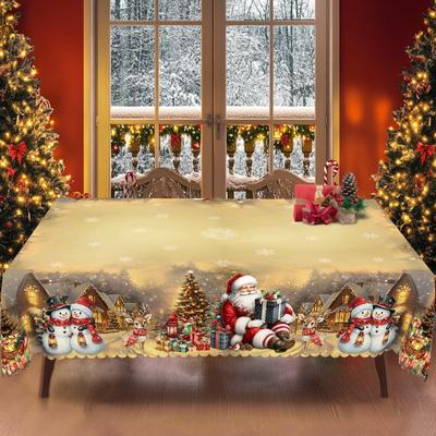 1 Piece Christmas Round And Rectangular Tablecloth, Various Sizes, Retro Golden Retro Golden Yellow With Santa Claus, Snowman, Christmas Night Celebra