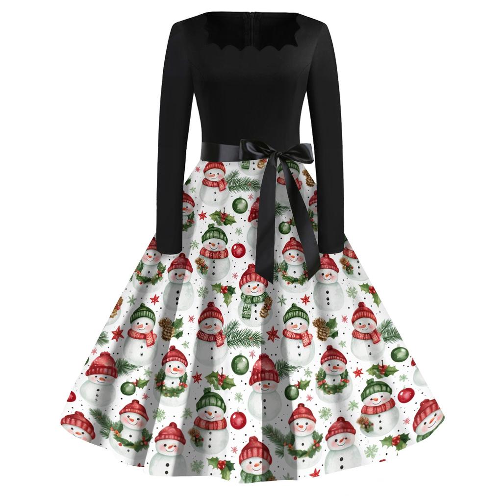 Women's Casual Fashion Christmas Print Square Neck Vintage Dress for Holiday Party