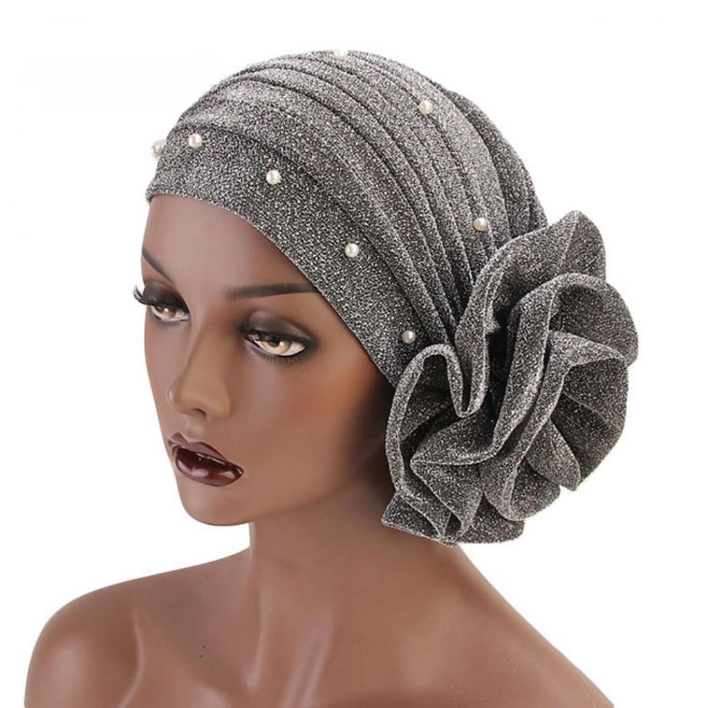 Women Big Flower Headband Cap Faux Pearl Decor Hijab Turban Hat Head Wrap