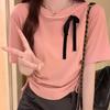 Beaded Bow Straight Shoulder Short-sleeved T-shirt for Women's New Pleated Waist-hugging Slim Short Top