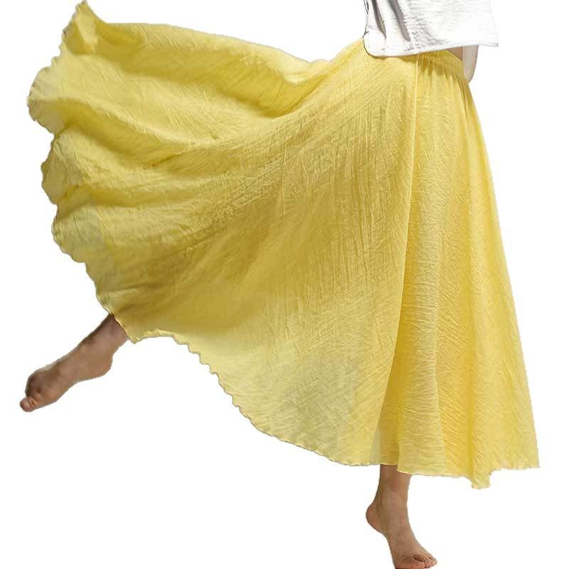 Women's Cotton Linen Maxi Skirts Double Layer Boho Elastic High Waist Pleated A-Line Flowy Swing Long Maxi Skirts Elastic Waist Long Skirt for Women