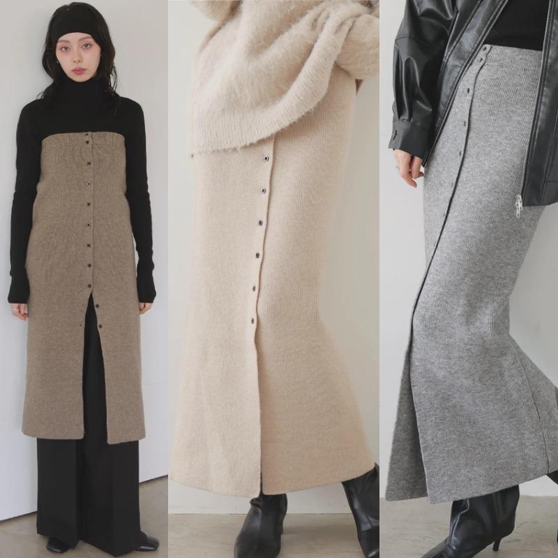 2025 Korean Style Spring Autumn Women Midi Skirt High Waist Black Gray Knitting Skirt Feminine Buttons Split Knitted Skirts Womens