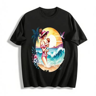 Mom And Baby Beach Sunset Print Casual Vacation T-Shirt Pure Cotton T-shirt