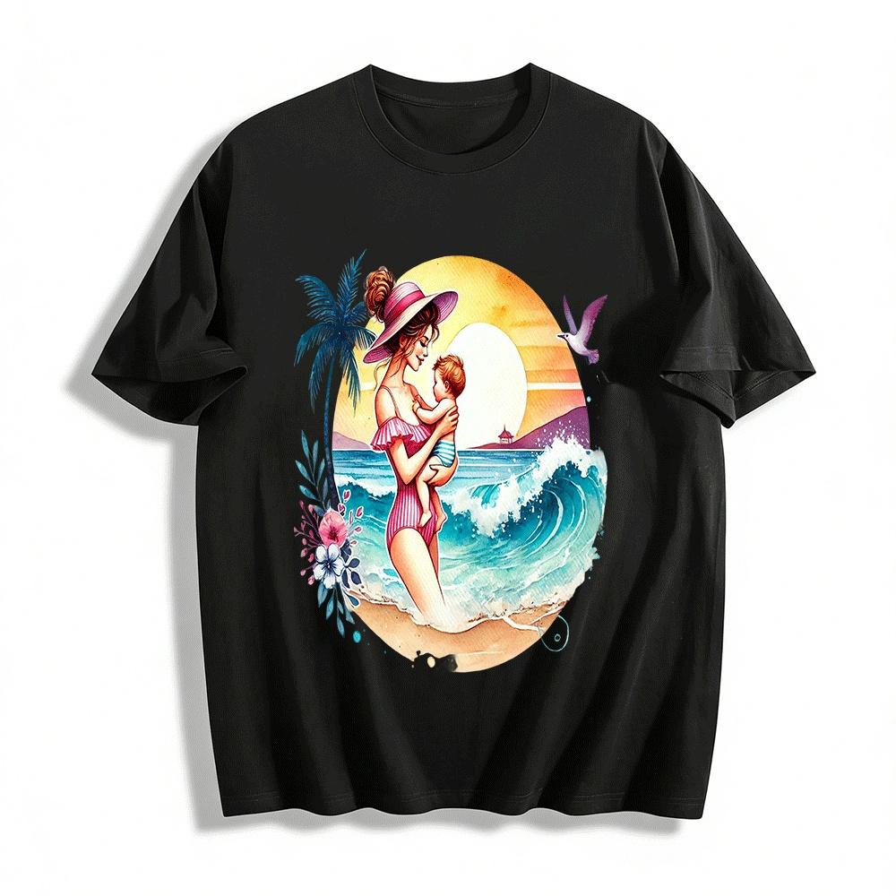 

Mom And Baby Beach Sunset Print Casual Vacation T-Shirt Pure cotton T-shirt XXS