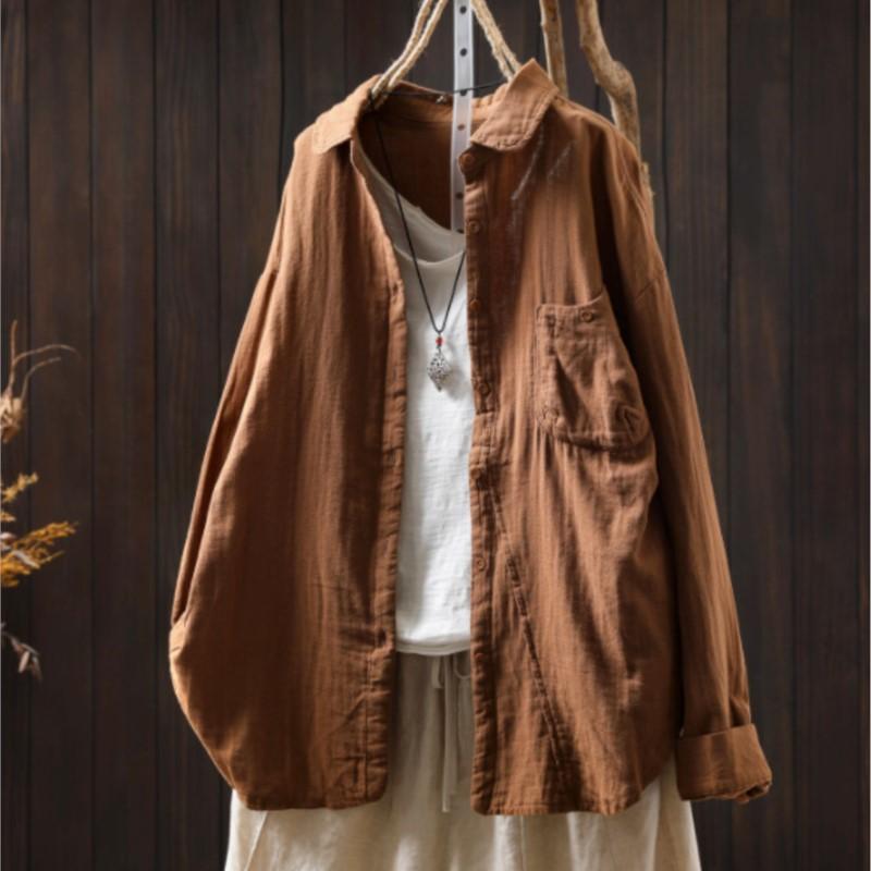 Johnature Women Vintage Shirts Tops Turn-down Collar Patchwork Pockets Blouses Autumn Solid Color Shirts