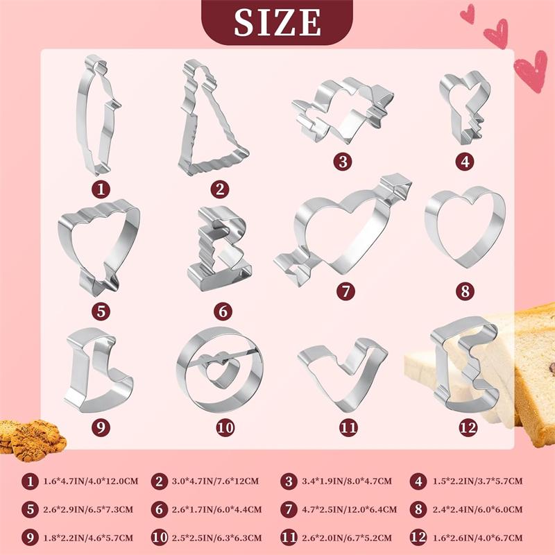 12PCS Stainless Steel Cookie Cutters Biscuit Mold for Valentines Day Wedding Party