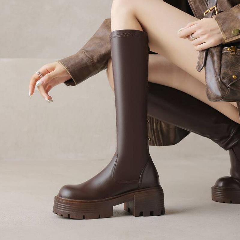 Autumn and winter leather knight boots women's comfortable platform large size women's boots square heel high heels round head new high boots women