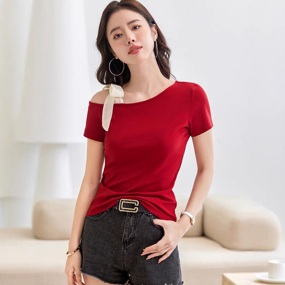 2025 Sexy Korean Off-the-Shoulder Slimming T-Shirt - Women's Cotton Short Sleeve Top