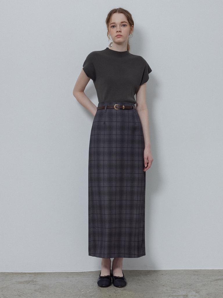 Le Studio Glen Check Long Skirt + Belt Set_Dark Gray