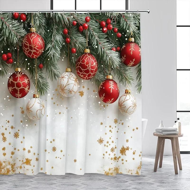 Christmas Balls Shower Curtain Green Pine Boughs Gold Stars Snowflakes New Year Xmas Bath Curtain Home Bathroom Decor With Hooks