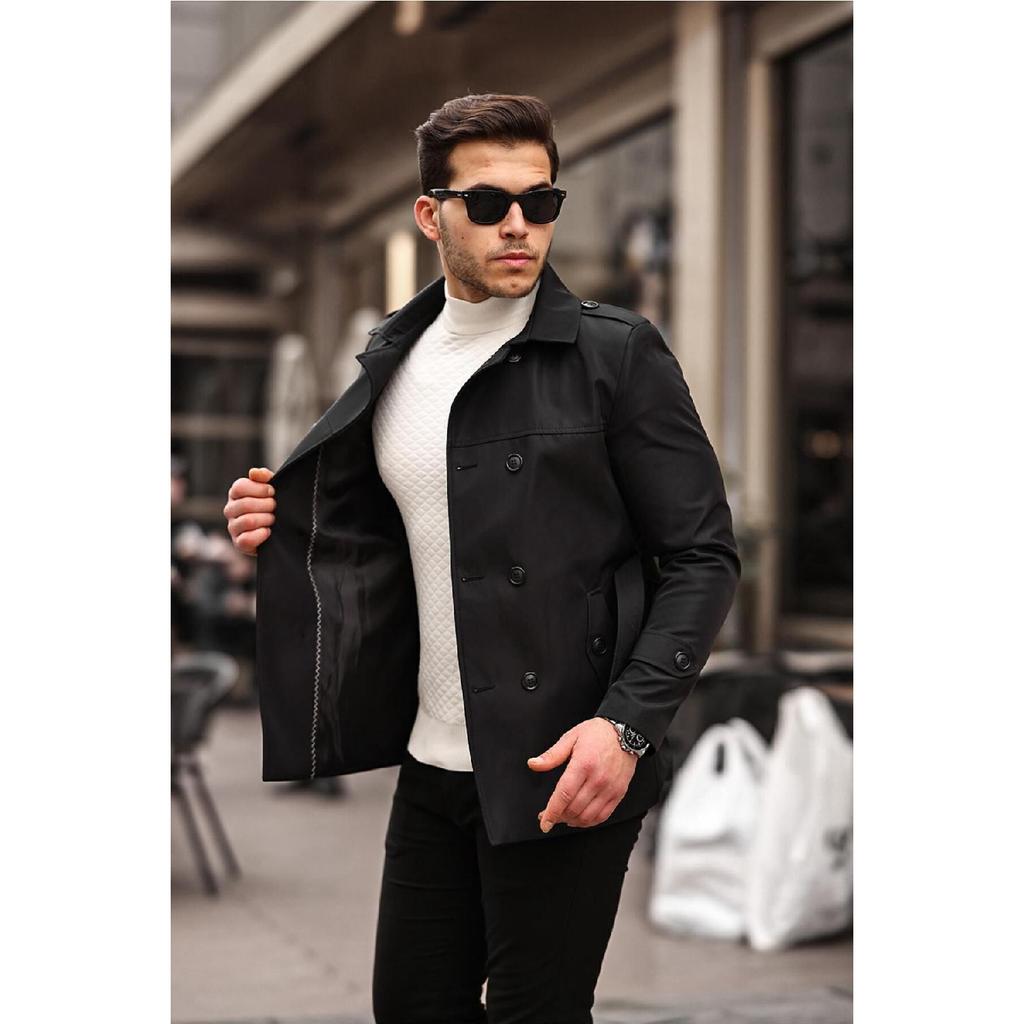 Men's Black Seasonal Lined Belted Double Breasted Trench Coat