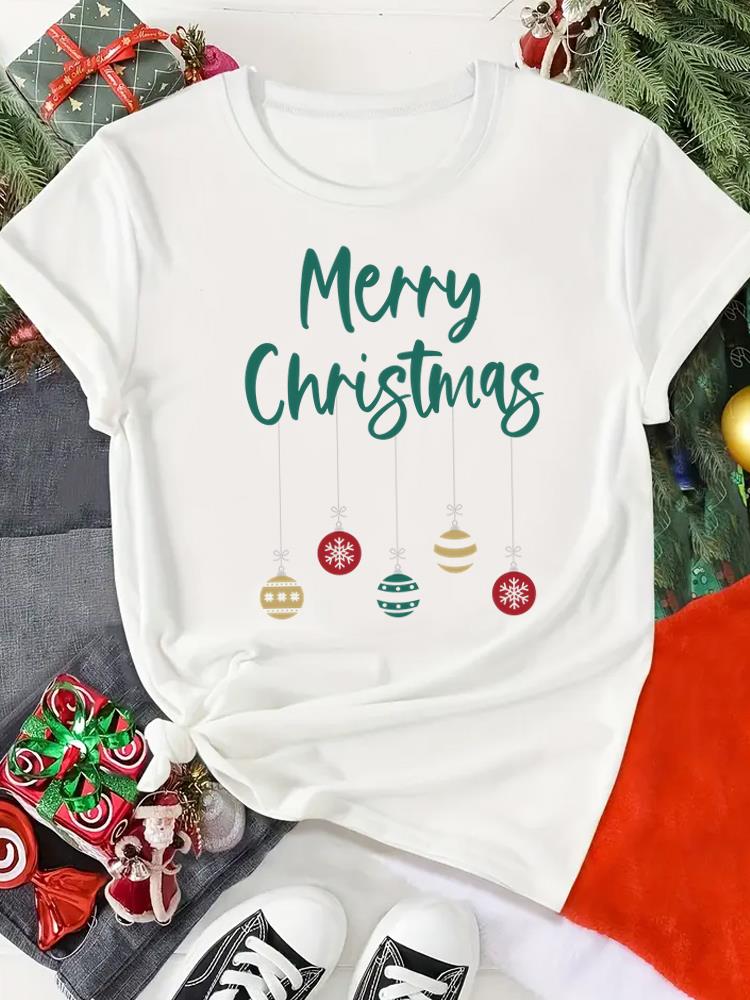 (Asian Size) Print merry Christmas o-neck Women's Top new year T Clothing tree sweet 90s  Short Sleeve T-shirts Fashion holiday Graphic Tee