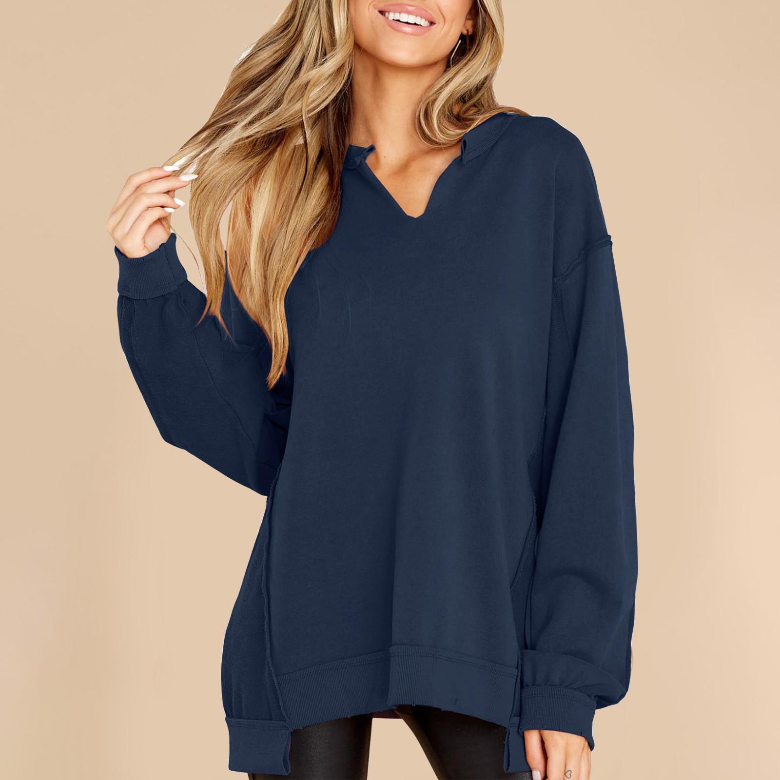 

Женская модная свободная однотонная толстовка с v-образным вырезом и нерегулярным подолом, пуловер с капюшоном в стиле пэчворк L тёмно-синий