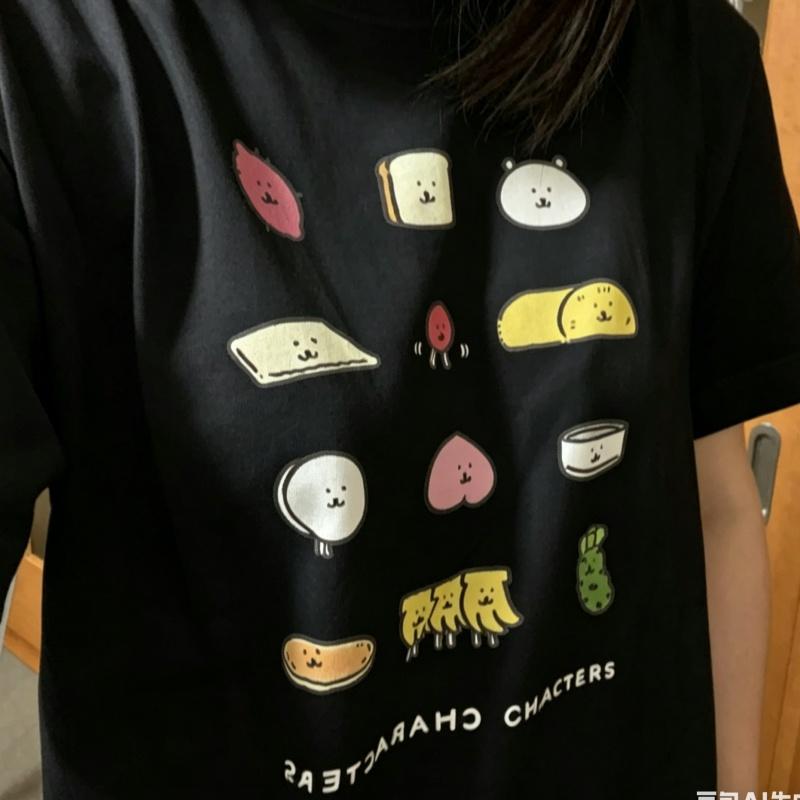 Kawaii Food Character Graphic T-Shirt Women's Loose Casual Tee Cute Bread Veggie Print Black White Crewneck Top