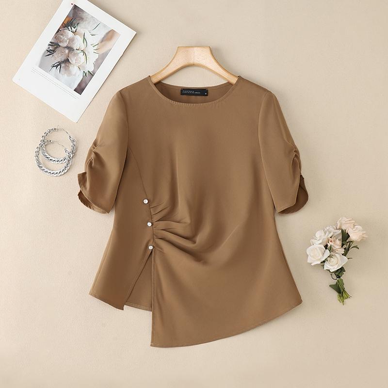 

ZANZEA Женская повседневная блузка с круглым вырезом и короткими рукавами на лето, с неровным низом 5XL хаки