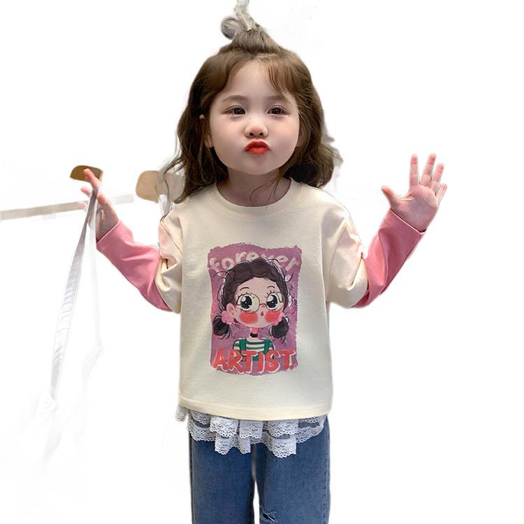 Girls' Spring & Autumn Korean Style Two-in-One Cartoon Print Long Sleeve T-Shirt - Stylish & Casual