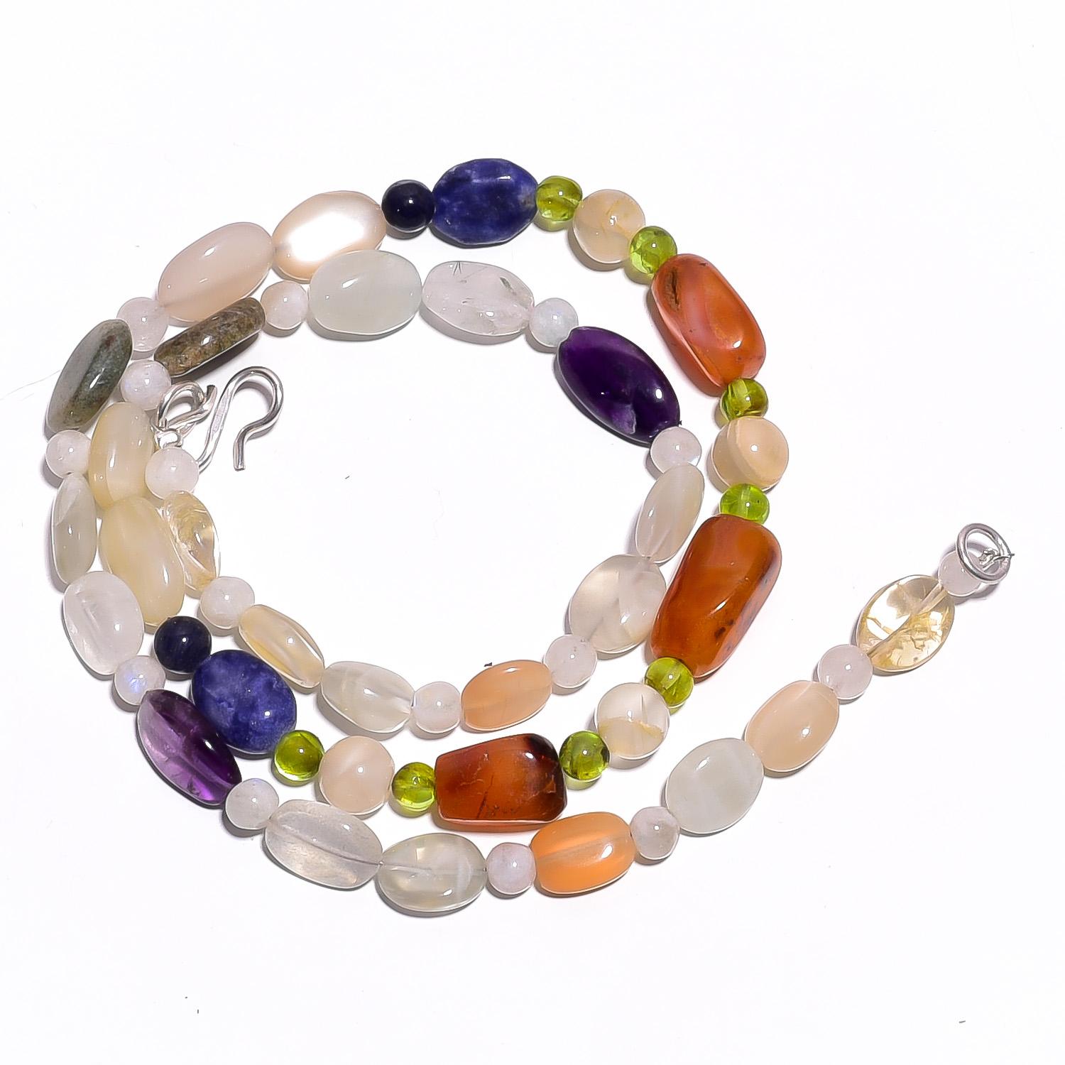 

Natural Moonstone Carnelian Amethyst Gemstone Smooth Beads Necklace 17 UB-4674 UB-4674