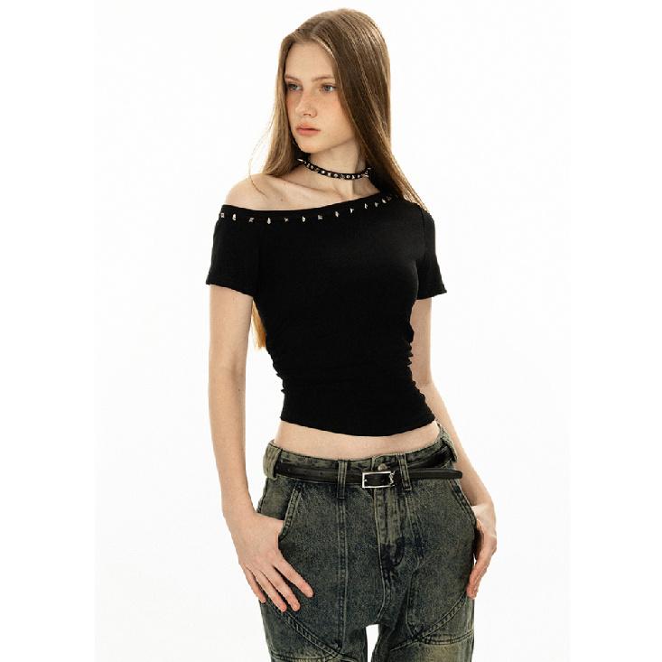 American Style Short Sleeve T-Shirt Women'S Slim Fit Shoulder Buckle Process Summer Sensation Black Color Fashionable Top