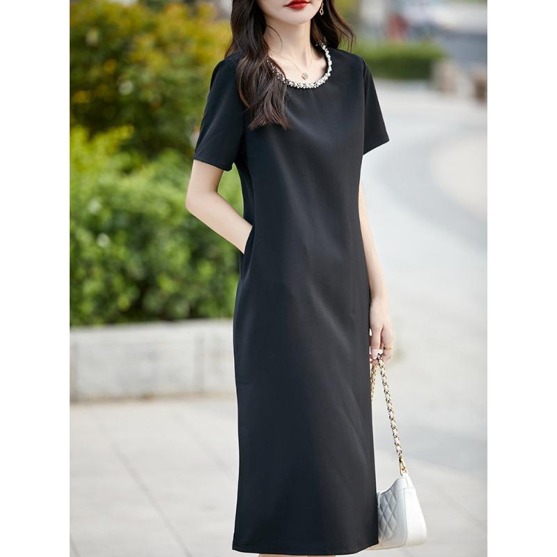 

Платье из ацетатного атласа с круглым вырезом для женщин, летнее тонкое, с бисером, в стиле ретро, плиссированное, свободное и универсальное, юбка миди XL чёрный