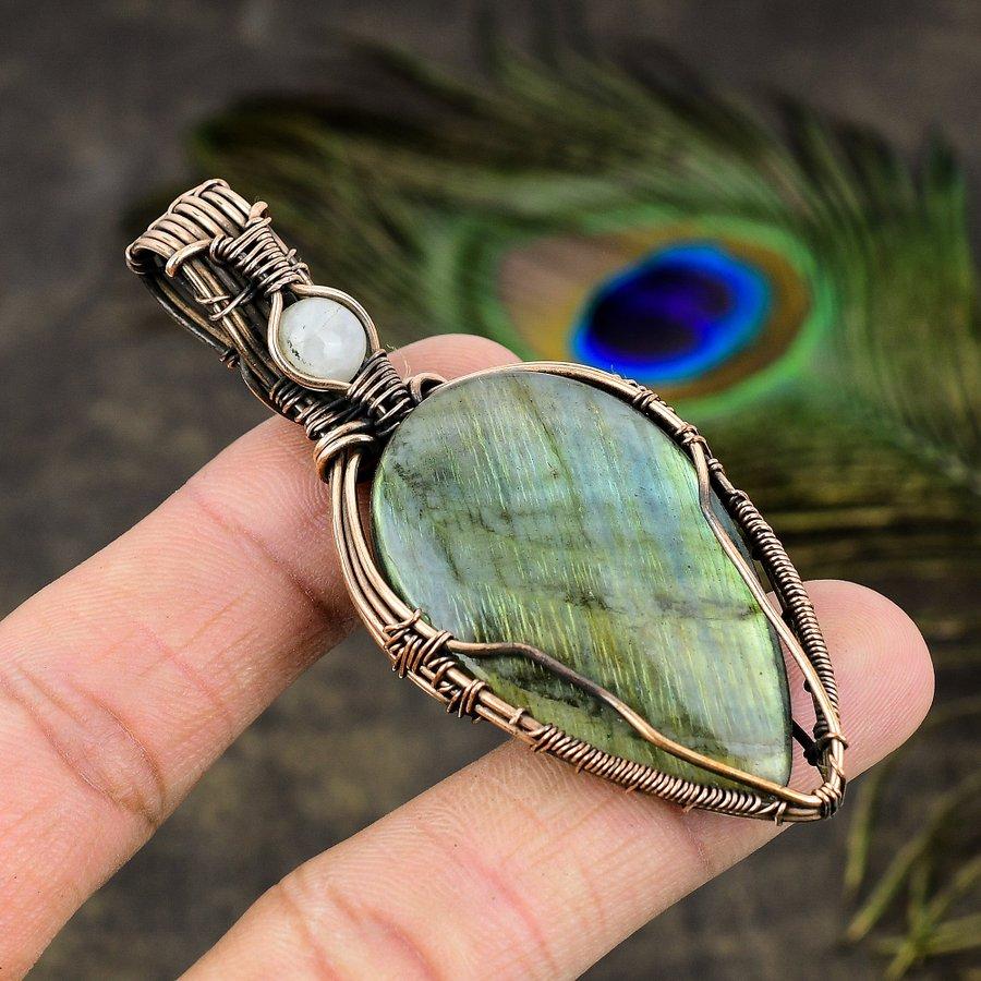 Natürlicher Labradorit, Mondstein Edelstein Kupferdraht Wickelanhänger 2,68" D0D56