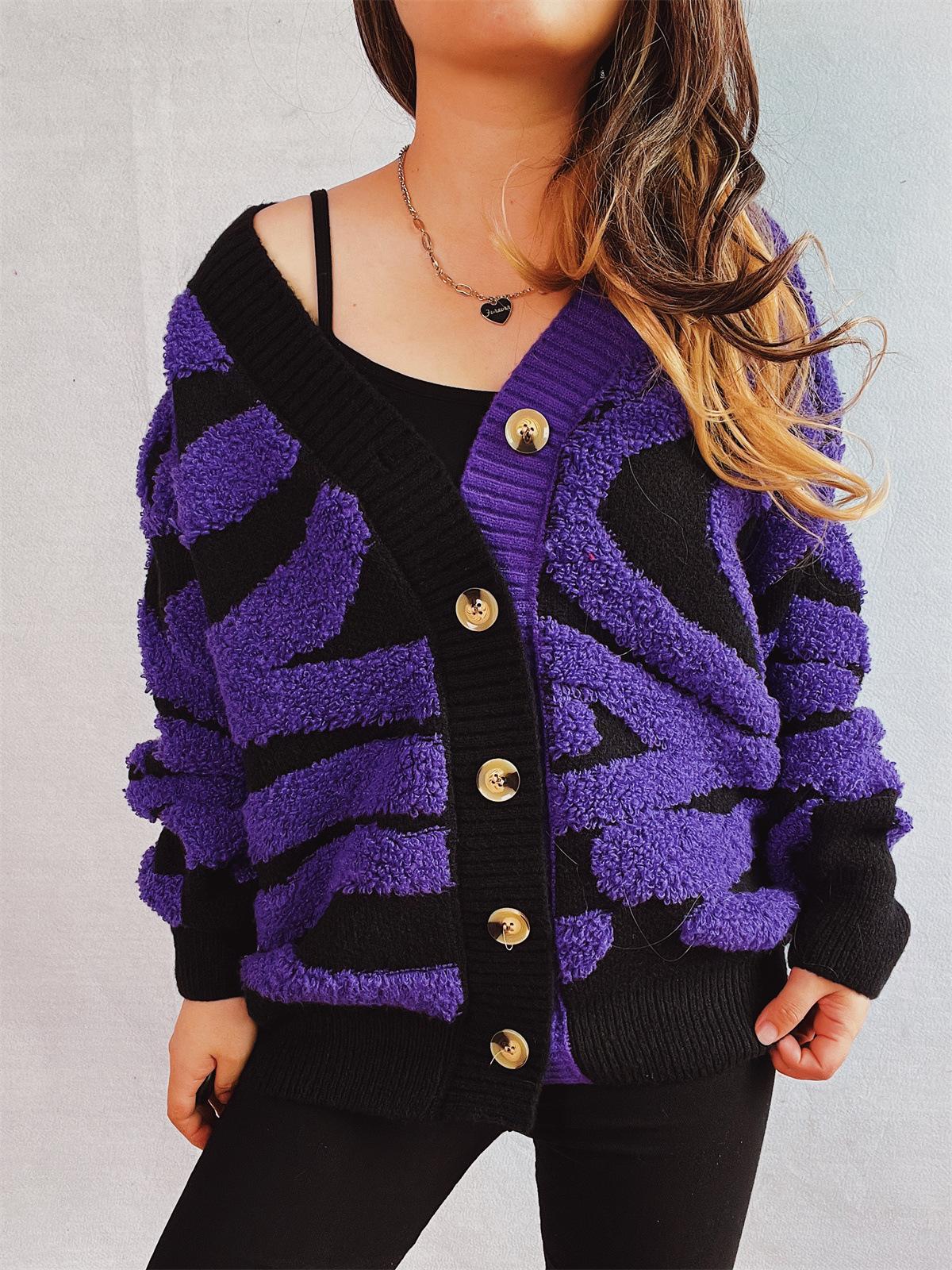 

Autumn and winter new ins style V-neck contrasting irregular zebra print cardigan jacket sweater for women 3564 EMA L фіолетовий