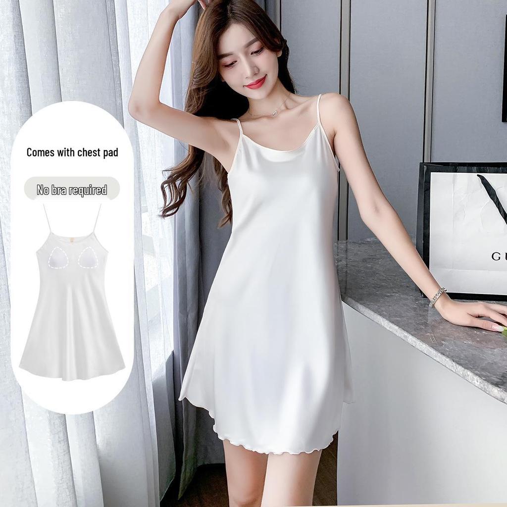2024 Ice Silk Camisole Pajamas with Chest Pad - Women's Cool Summer Nightdress