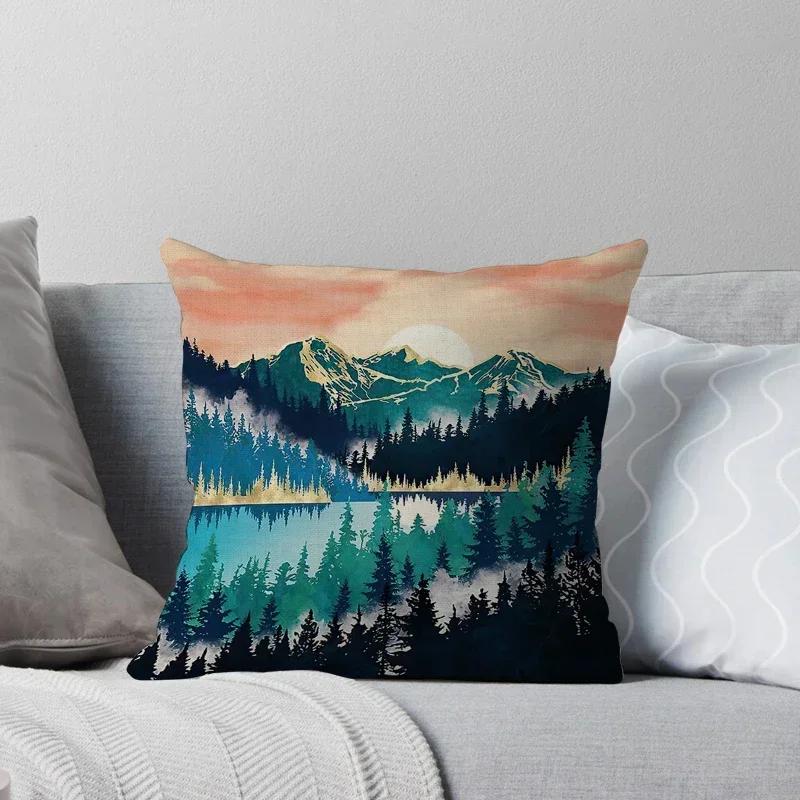 Watercolor Landscape Pattern Throw Pillow Cover With Short Plush Print Living Room Sofa Decoration Cushion Cover Pillow Covers