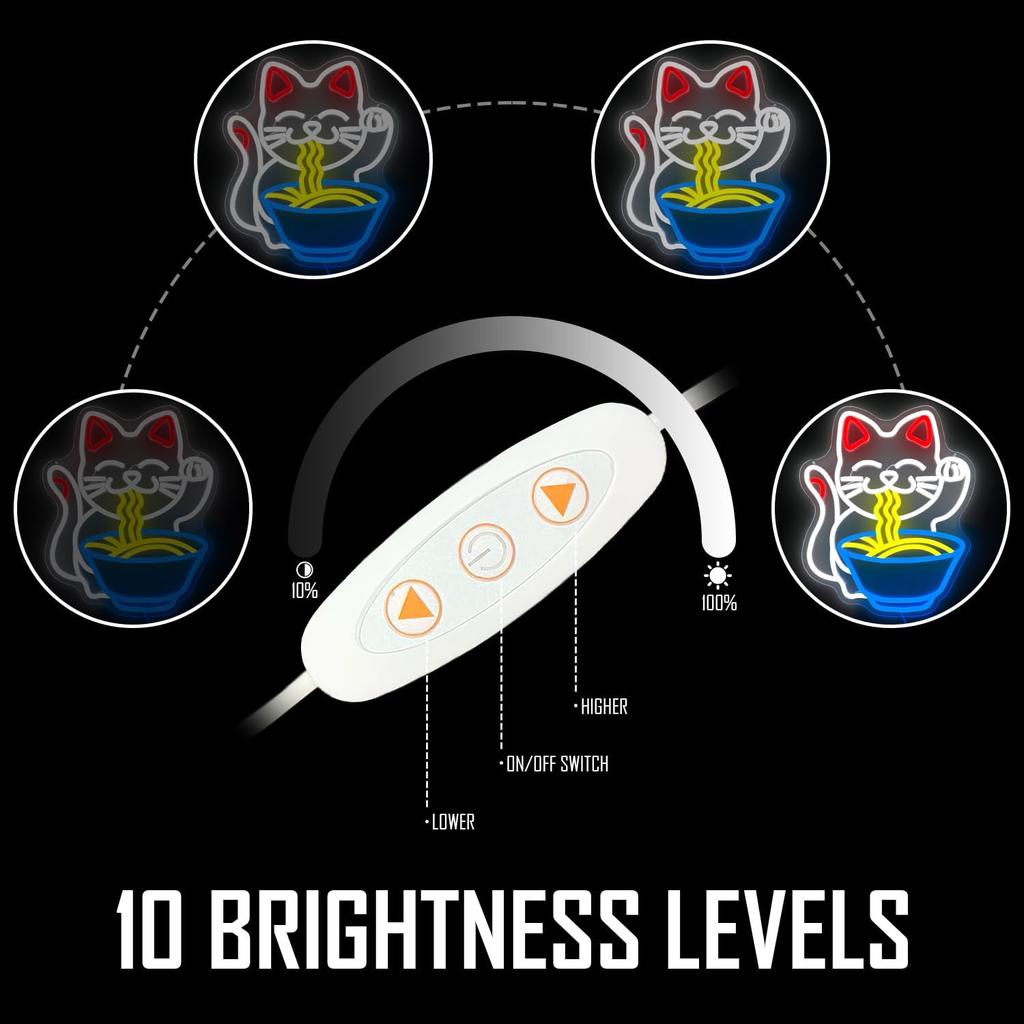 Fortune Cat Ramen Neon Sign Cat Neon Sign Dimmable Japanese Noodles Led Neon Signs for Wall Decor Anime Light Up Signs Neon Lights for Bedroom Store