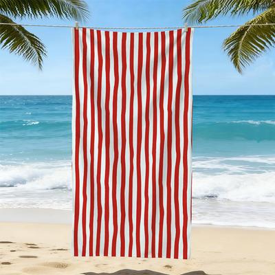 Classic Red White Thin Vertical Stripe Beach Towel Multiple Sizes For Retro Summer Seaside Sunbathing Portable Towel