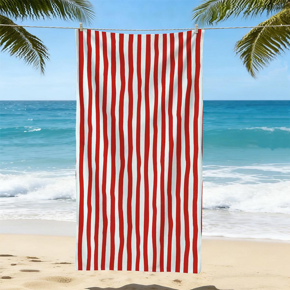 Classic Red White Thin Vertical Stripe Beach Towel Multiple Sizes For Retro Summer Seaside Sunbathing Portable Towel